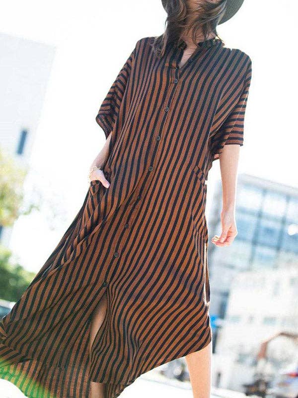 Sheer Trend - Wholesale Dress - Women's - Batwing Sleeves Half Sleeves Buttoned Pockets Striped Round-Neck Beach Cover-Up Maxi Dresses6