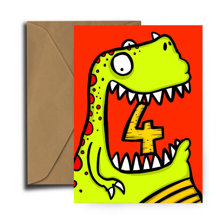 Dinosaur Birthday Number Card - Age 4 - Birthday Card for wholesale by Dixon Does Doodles