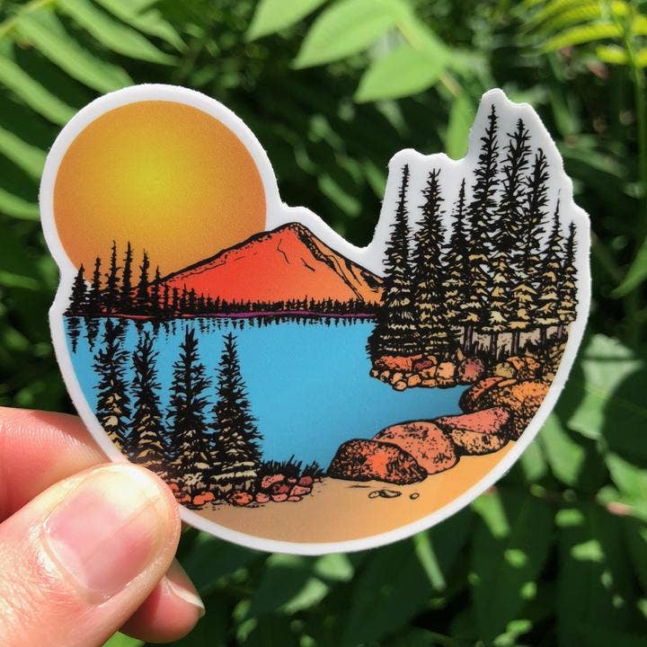 Sunset Mountains and Pines Sticker for wholesale by Roam Wild Designs