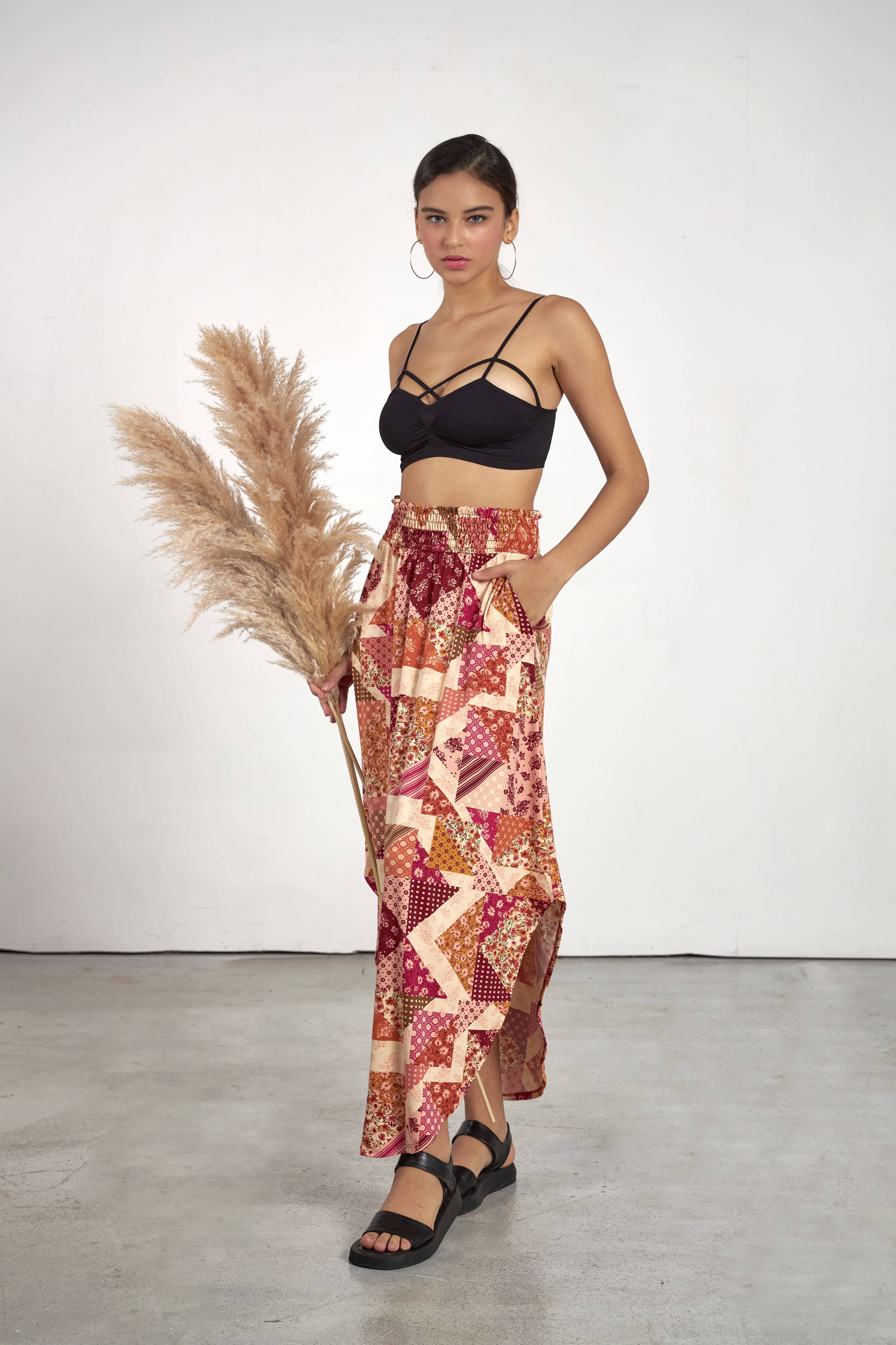 noflik - Venta al por mayor Falda - Mujer - Falda Maxi con Cintura Elástica Fruncida y Dobladillo Curvado -NS1000_16