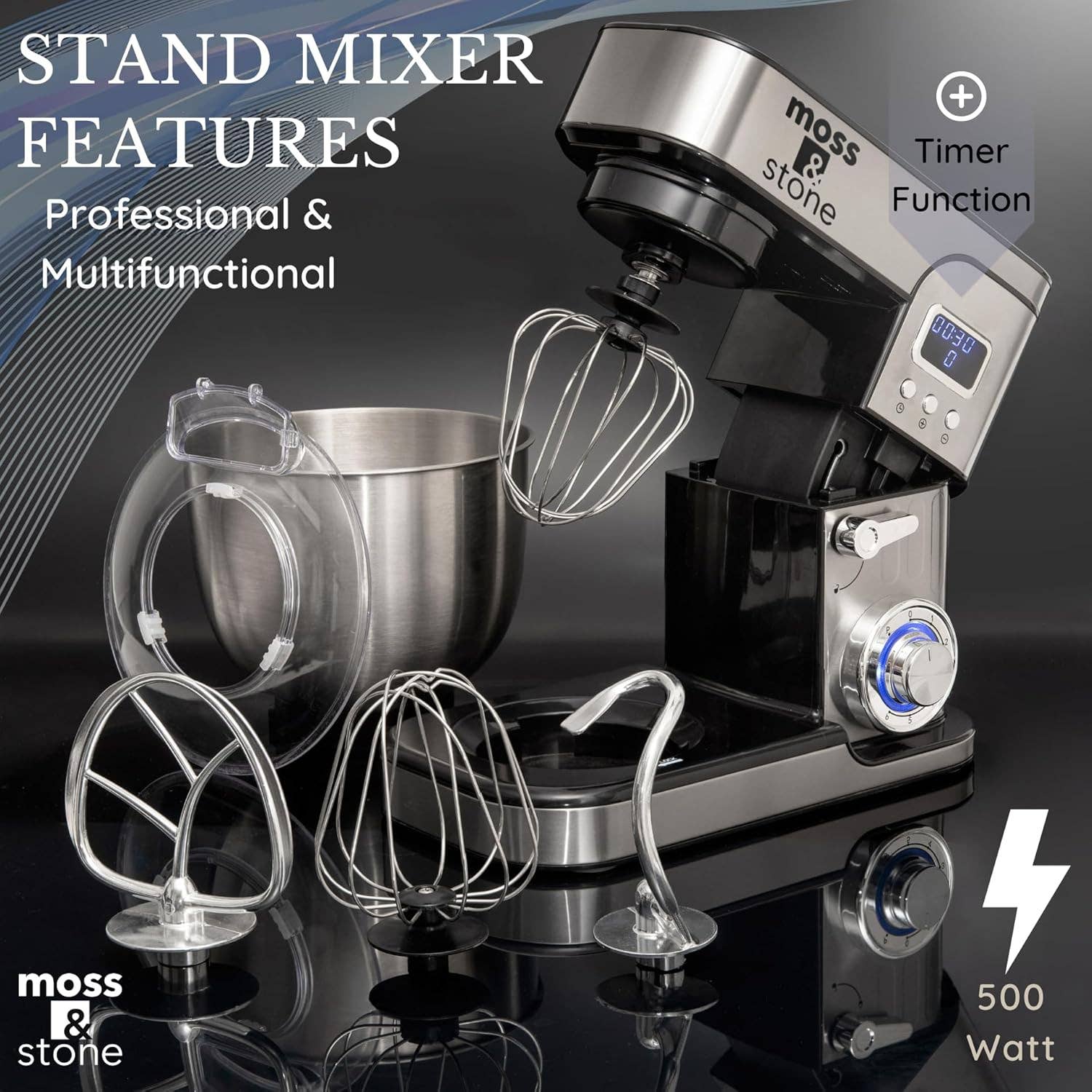 Moss & Stone - Wholesale Kitchen Appliance - Stand Mixer With Lcd Display, 6 Speed Electric Mixer With 5.5 Quart Stainless Steel Mixing Bowl, Kitchen Mixer With Dough Hook, Egg Whisk, Beater & Baking Spatula, Food Mixer With Timer1