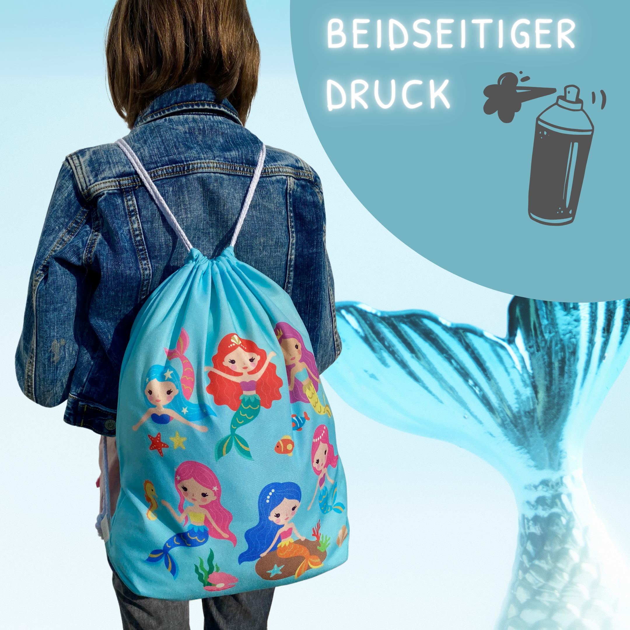 HECKBO - Wholesale Drawstring Bag - Kids - Children's gym bag mermaid fish shells turquoise4