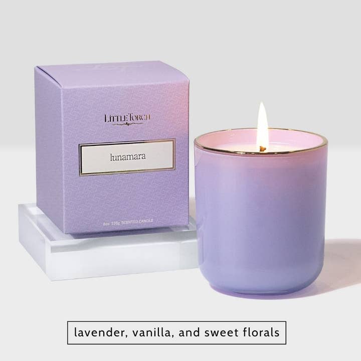 lunamara candle (lavender, vanilla, and sweet florals) for wholesale by Little Torch
