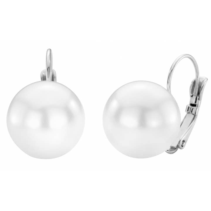 Traveller Leverback earrings - platinum plated - 14mm pearls for wholesale by Hollander Jewels B.V.