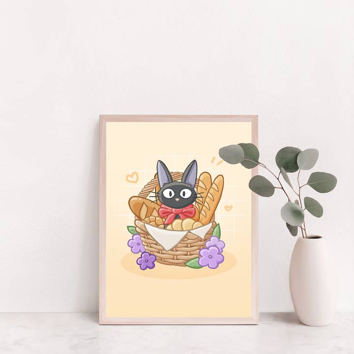 Sarah May Arts - Wholesale Art Print - Bakery Black Cat Print | Fine Line Anime Floral Art2