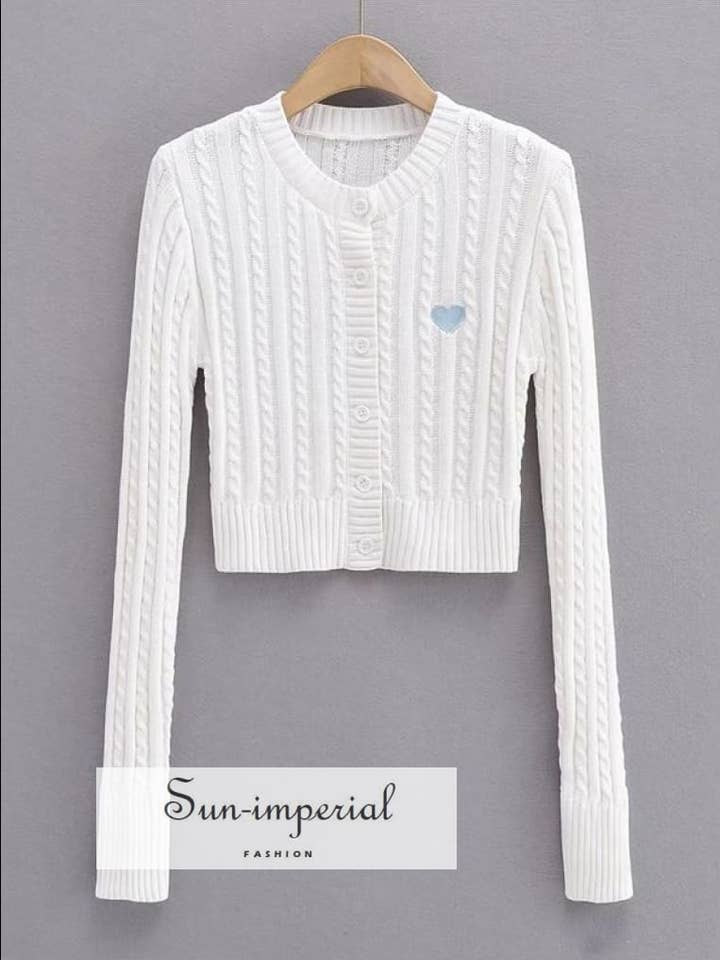 Women White Cable Knitted Cardigan With Blue Heart Patch for wholesale by Sun Imperial