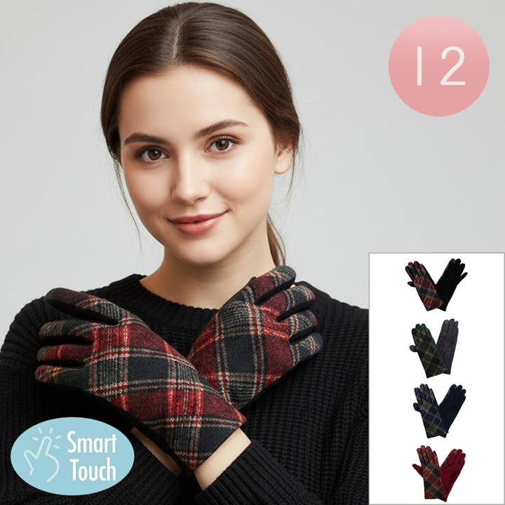 12Pairs - Plaid Pattern Smart Touch Winter Gloves for wholesale by Sensibling Corp.