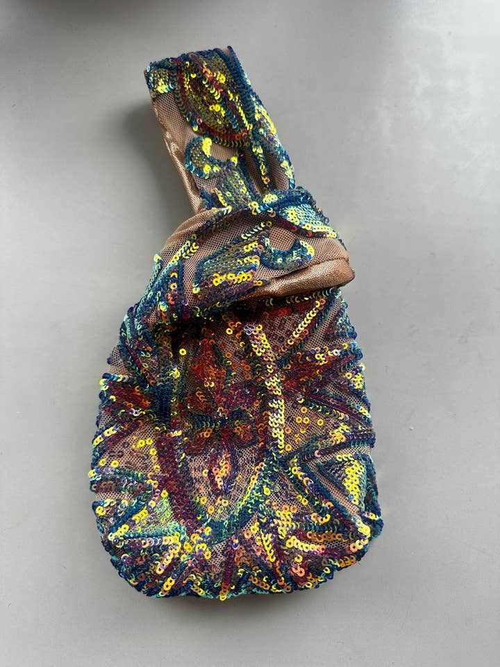 Handcrafted reversible sequin mini tote sustainable fashion accessory for wholesale by Kikimora Fashion