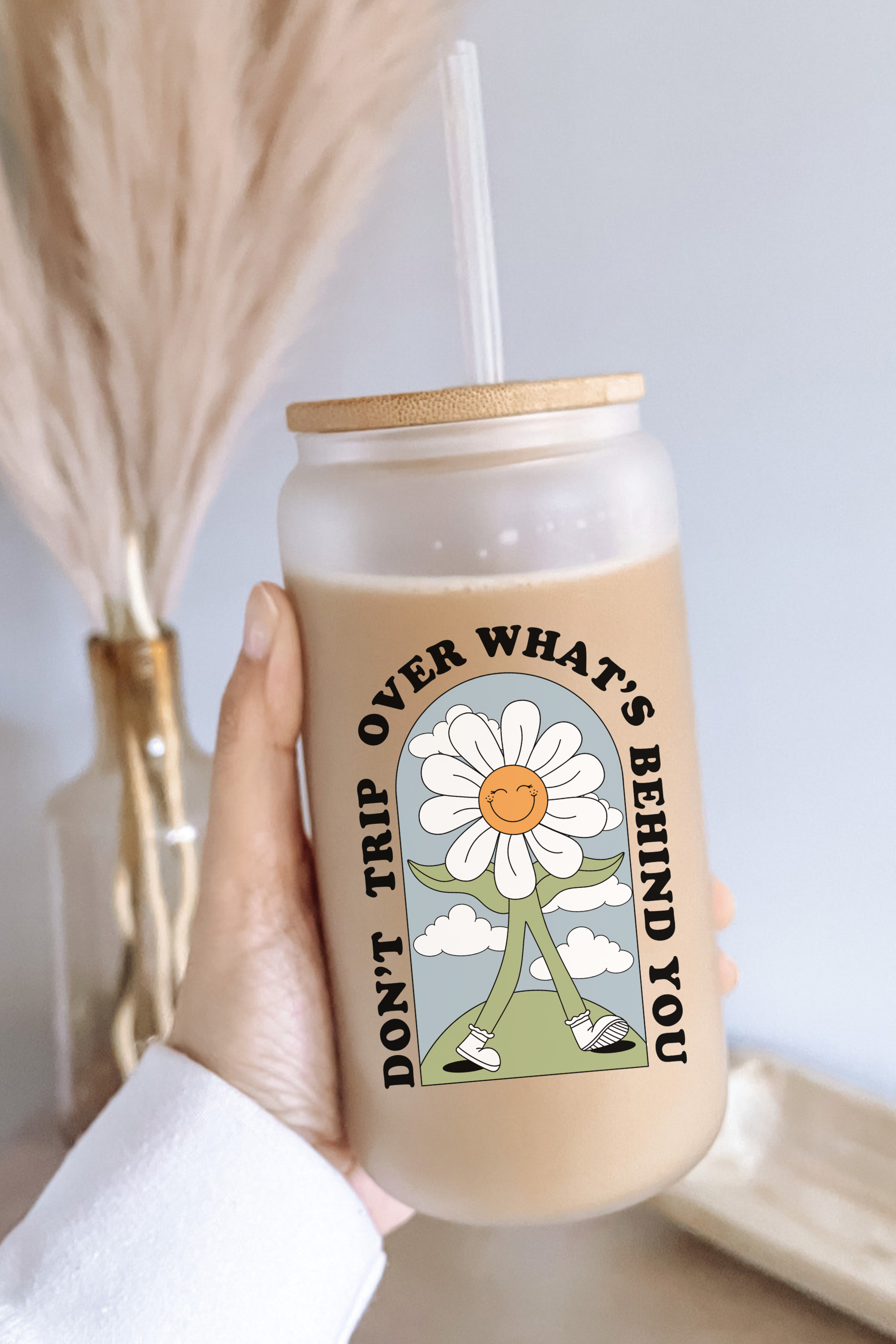 Boho + Babe - Wholesale Drinking Glass/Cup - Don't Trip 16 oz Glass Cup with Bamboo Lid2