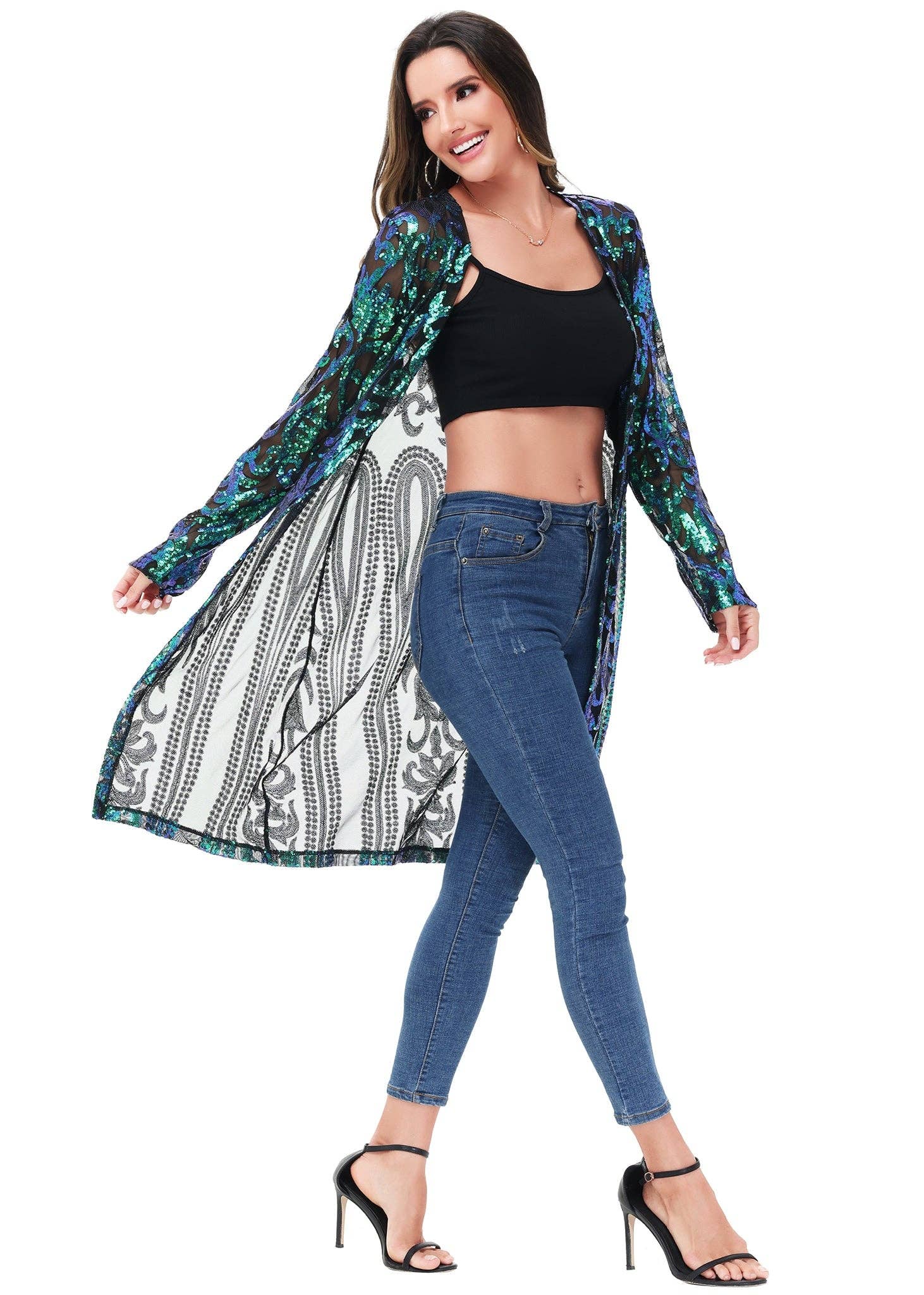Anna Kaci Wholesale - Vente Kimono – femme - Cardigan à paillettes pour femmes à manches longues et ouvert sur le devant27