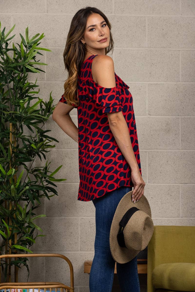 RED NAVY ROUND NECK COLD SHOULDER BLOUSE TOP for wholesale on Faire3