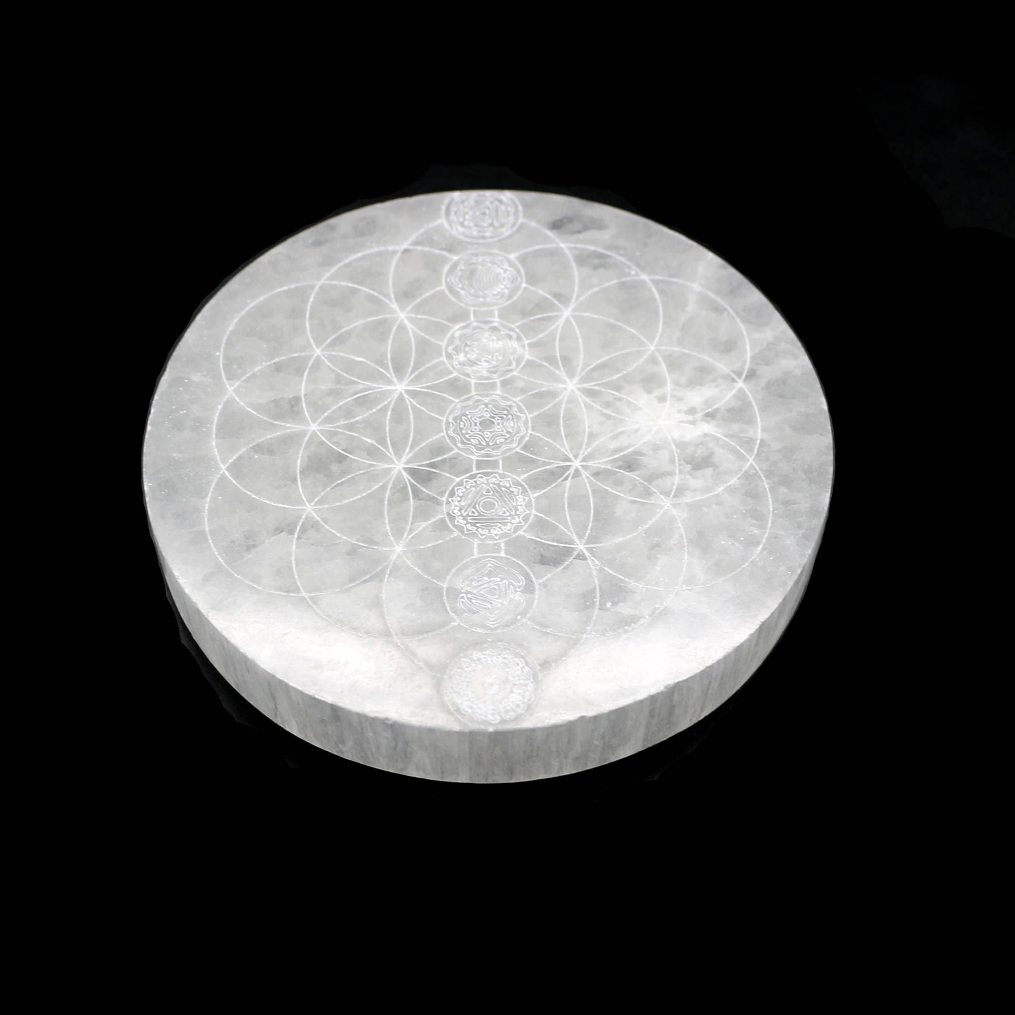 Designs by Deekay Inc. - Wholesale Crystal Charging Plate - Round Selenite Charging Plate (4 in.) - 7 Chakras1