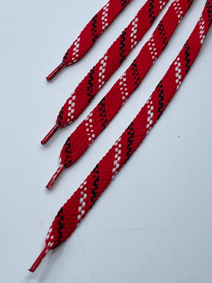 Red w/ Navy & White Slash Flat Shoelaces for wholesale by The Shoelace Factory
