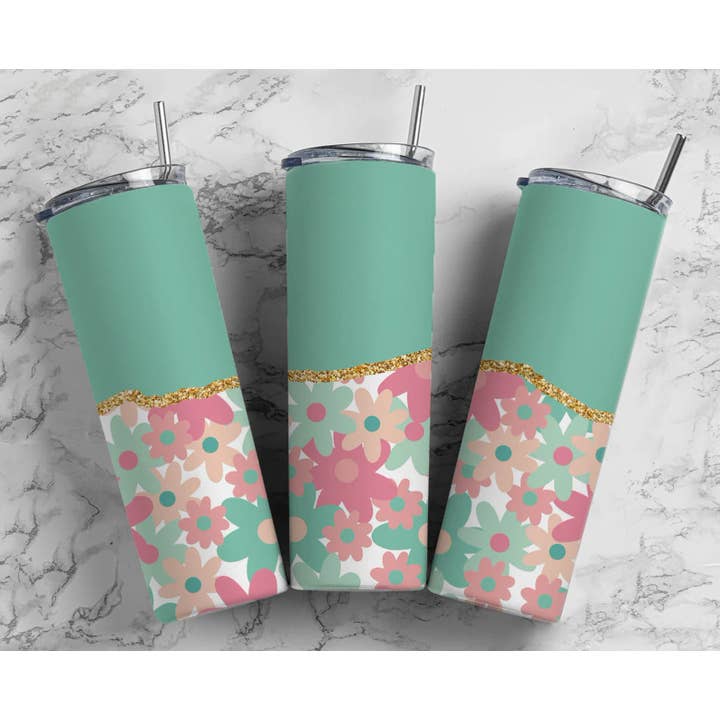 Retro Flower Tumbler- Teal for wholesale by Charm Boutique & Designs