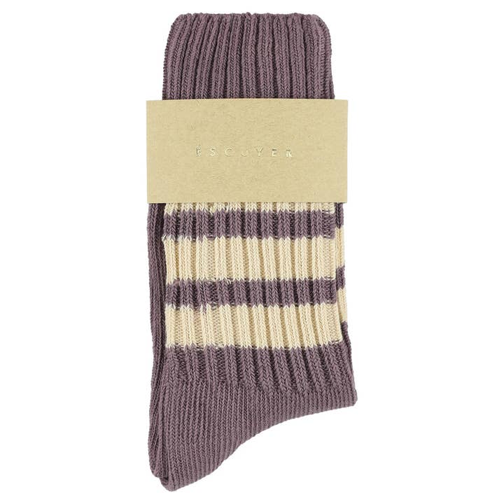 ESCUYER - Wholesale Socks - Women's - Women Crew Stripes Socks - Off Purple / Ecru1