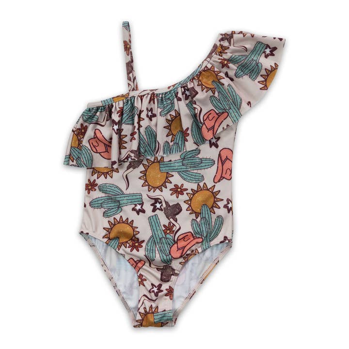 Yawoo Garments - Wholesale One Piece Swimsuit - Kids - Bull skull highland cow hats lining girls one pc swimsuit