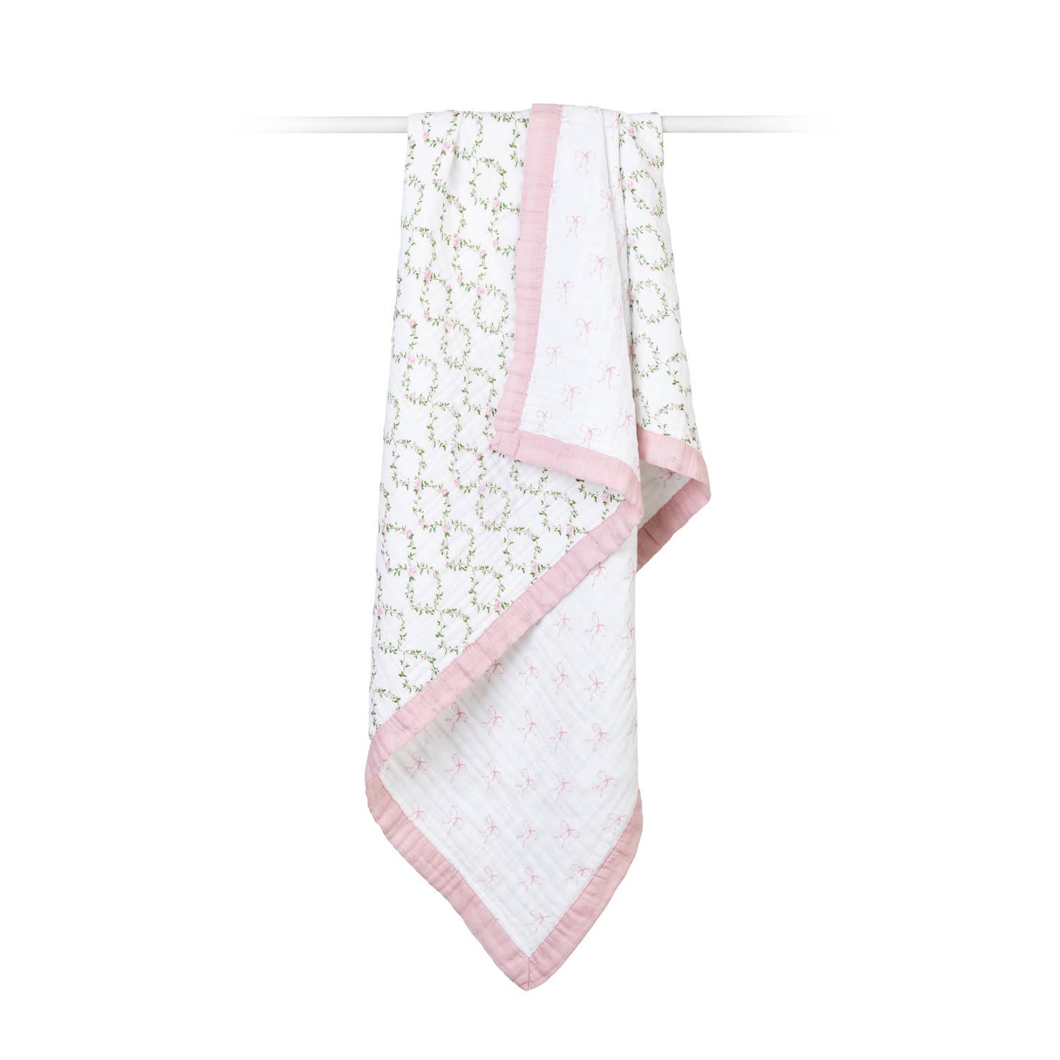 Lulujo Baby - Vente Courtepointe - Enfant et bébé - Couverture en mousseline de coton – Réversible, Nœuds & Treillis de Roses2