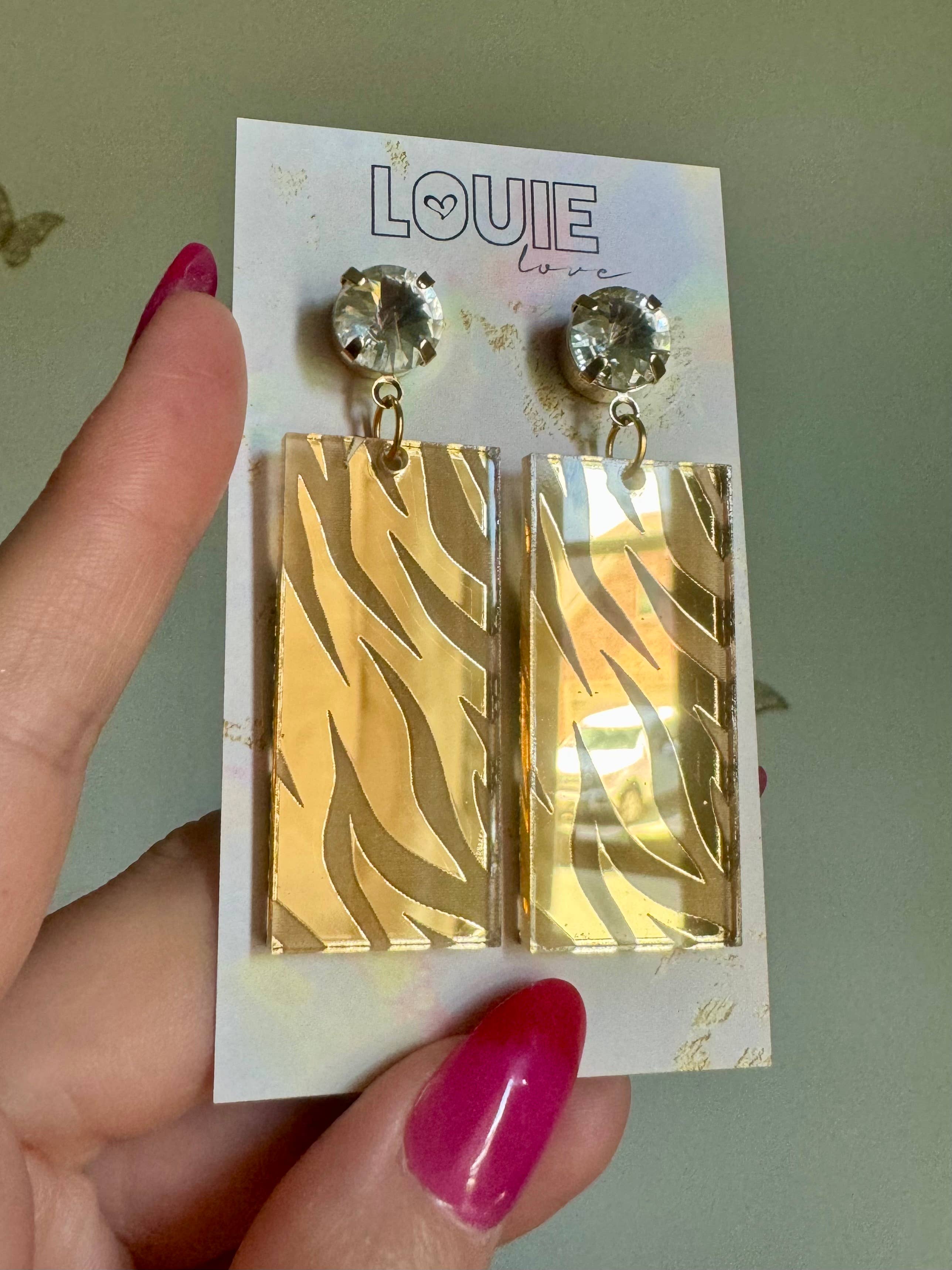 Louie Love - Vente Boucles d'oreilles pendantes - Boucles d'oreilles rectangulaires en forme de tête de tigre en acrylique doré 3