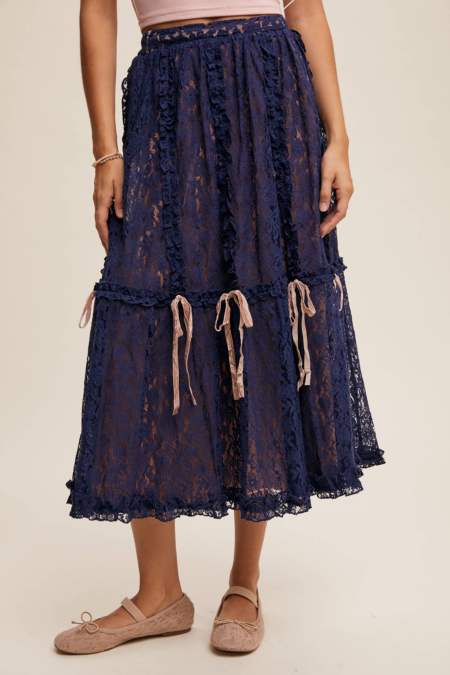 Listicle – wholesale Skirt – Women’s – Lace Midi Skirt with Ribbon Details2