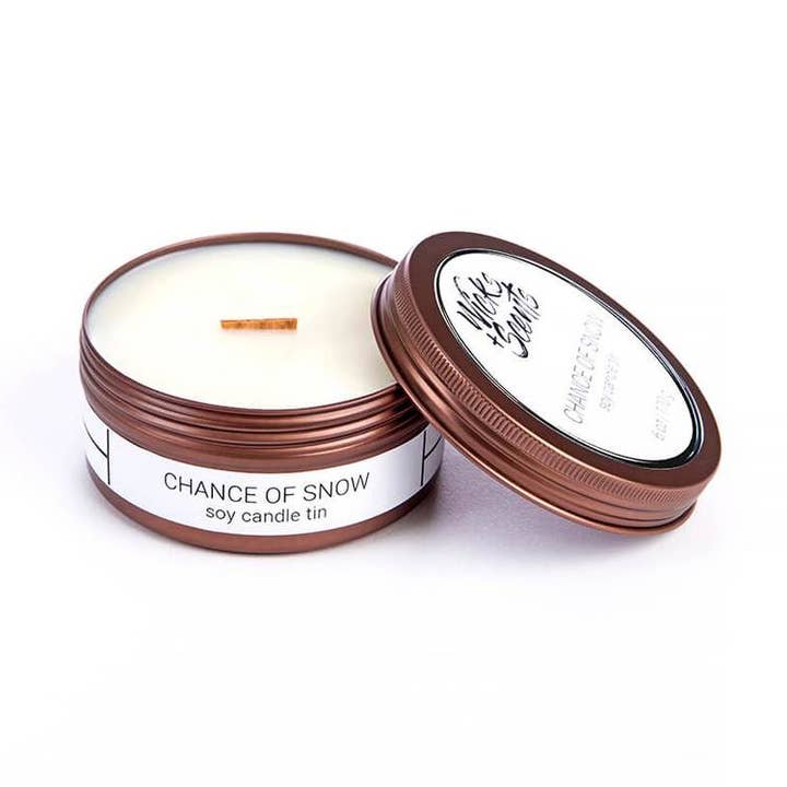Chance of Snow - Wooden Wick Soy Candle - 6 oz Travel Tin for wholesale by Wicks + Scents