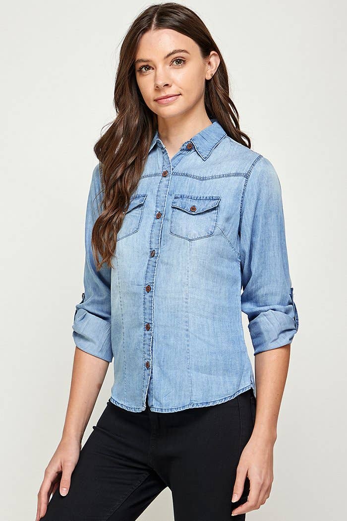 BLUE AGE - Wholesale Button Down Shirt - Women's - Chambray Denim Shirt with 2 Pockets3