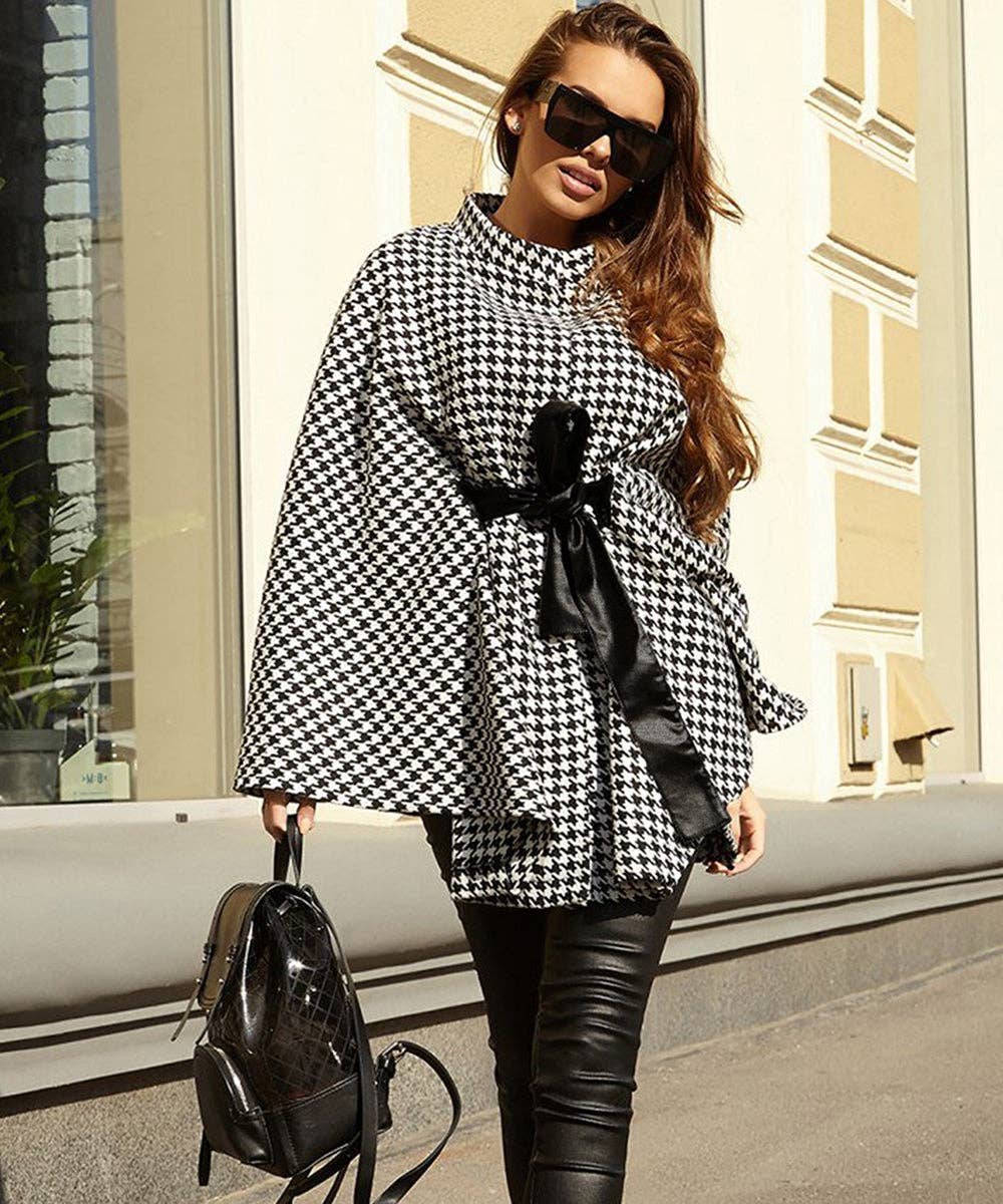 Gray Houndstooth Check Belted Trench Coat for wholesale on Faire1