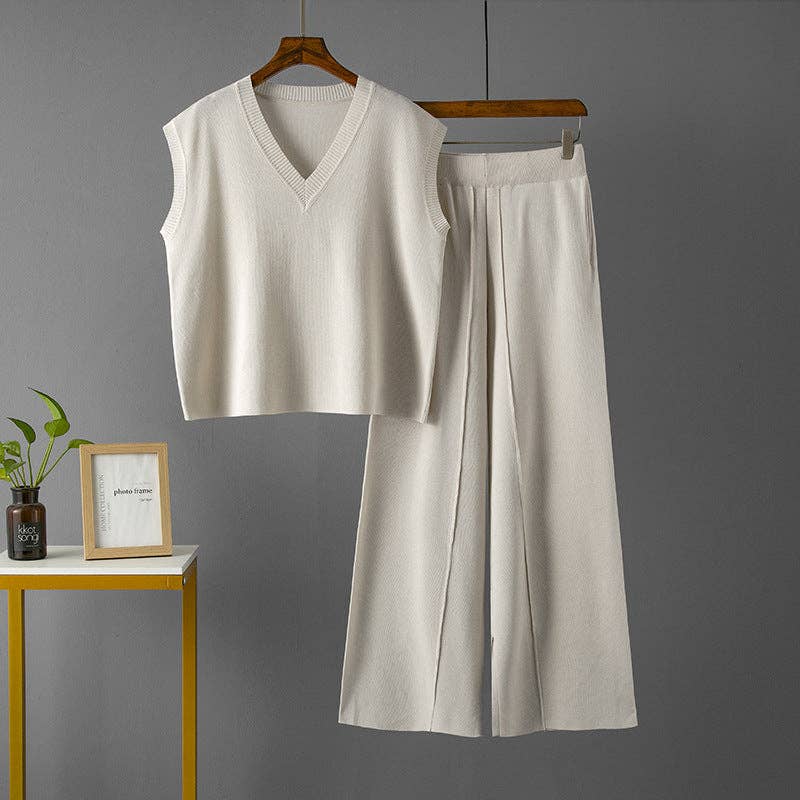Marayn - Wholesale Top & Pant Set (NOT Loungewear) - Women's - Chic Knit Vest  WideLeg Pants Set1