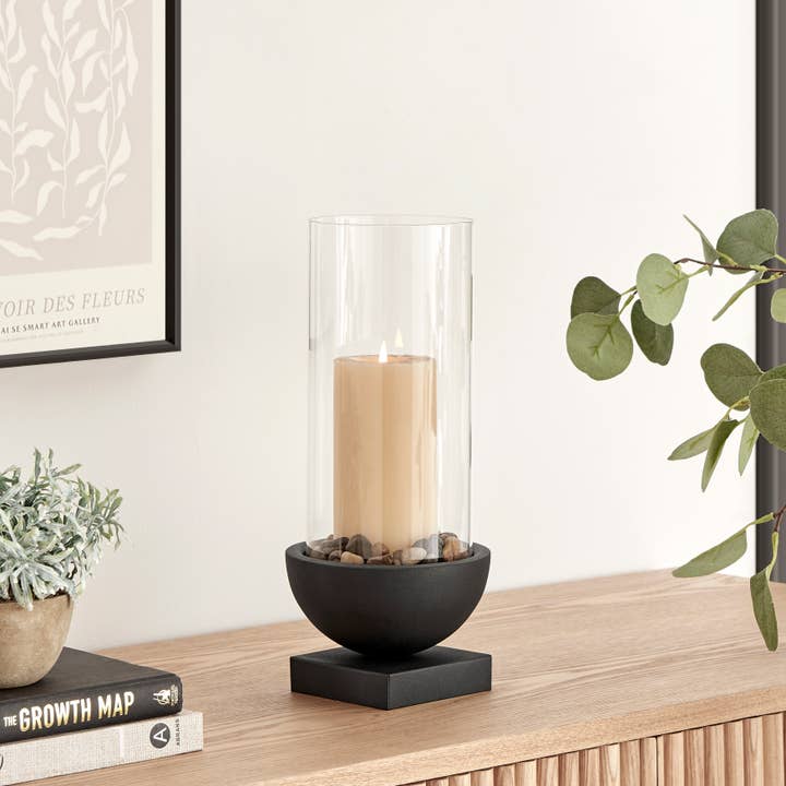 Danya B - Wholesale Candle Holder - Modern Black Metal Bold Pedestal Glass Pillar Candle Holder