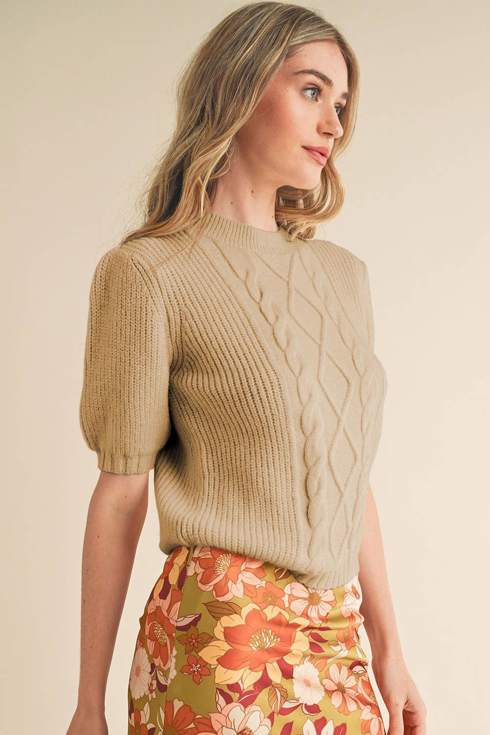 &MERCI - Wholesale Knit Sweater - Women's - CABLE KNIT SHORT PUFF SLEEVE SWEATER MSW104011