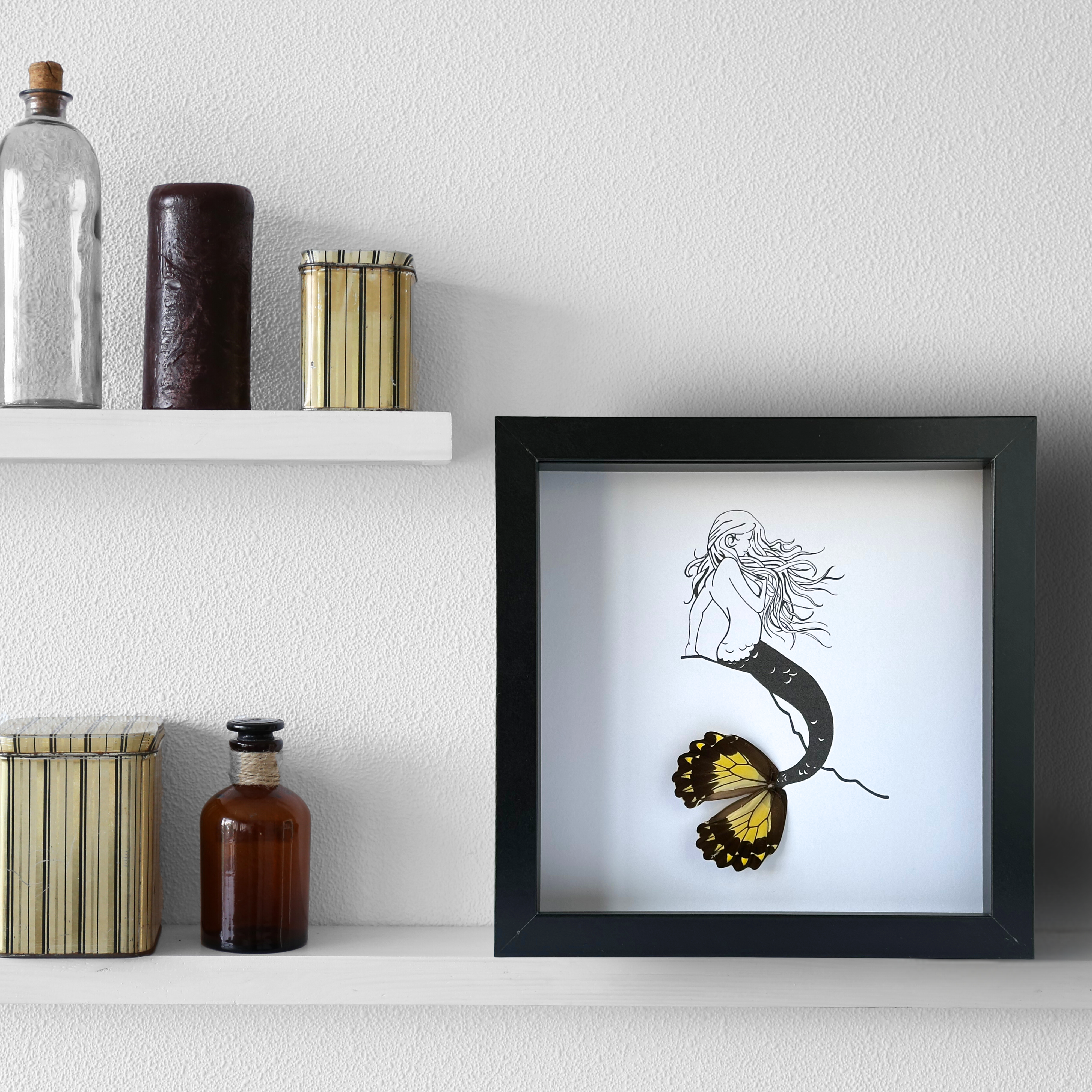 Isms - Wholesale Art Print - Mermaid on Rock Framed Art with Real Butterfly Wings1