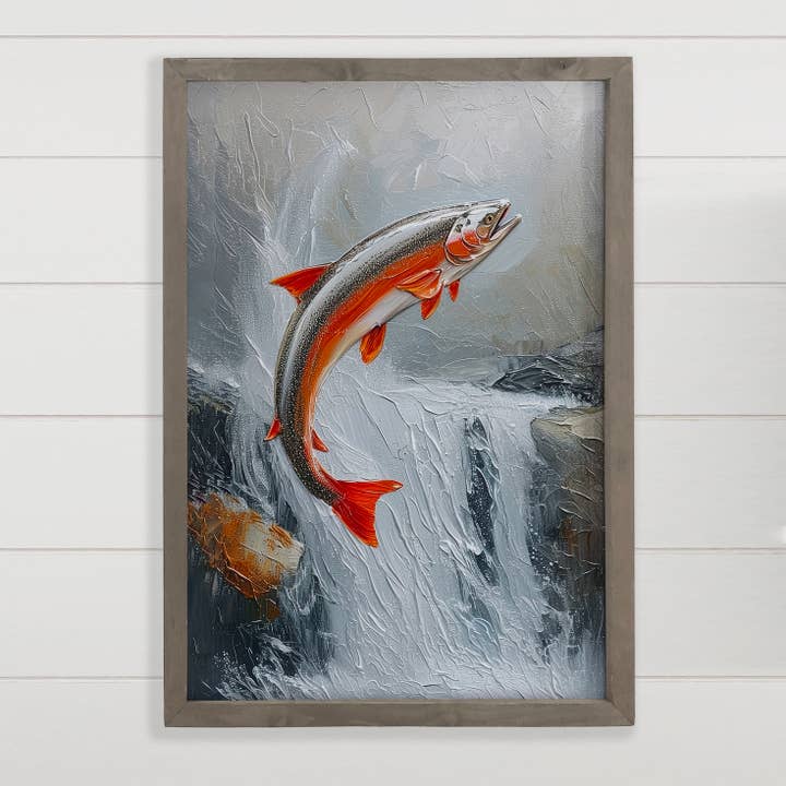Lachs-Lauf - Fisch-Leinwandkunst - Kabinen-Holzgerahmte Wandkunst für den Großhandel von Hangout Home