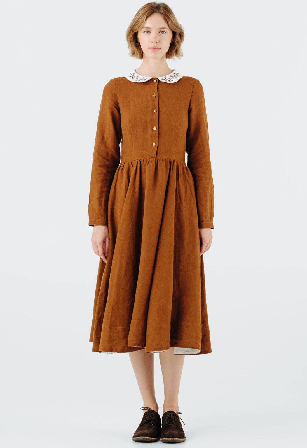 Son de Flor - Wholesale Dress - Women's - Classic Dress with Embroidered Hazelnut Collar, Long Sleeve16