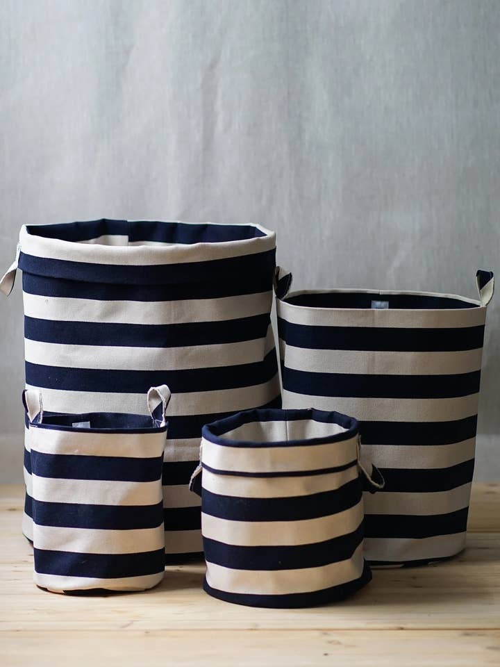Navy bold stripe storage bins for wholesale by griffin savoy inc