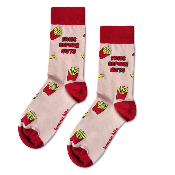Happy Bits Socks - Venta al por mayor Calcetines - Mujer - Calcetines de bambú "Fries Before Guys" | Calcetines de patatas fritas | Rosa pastel