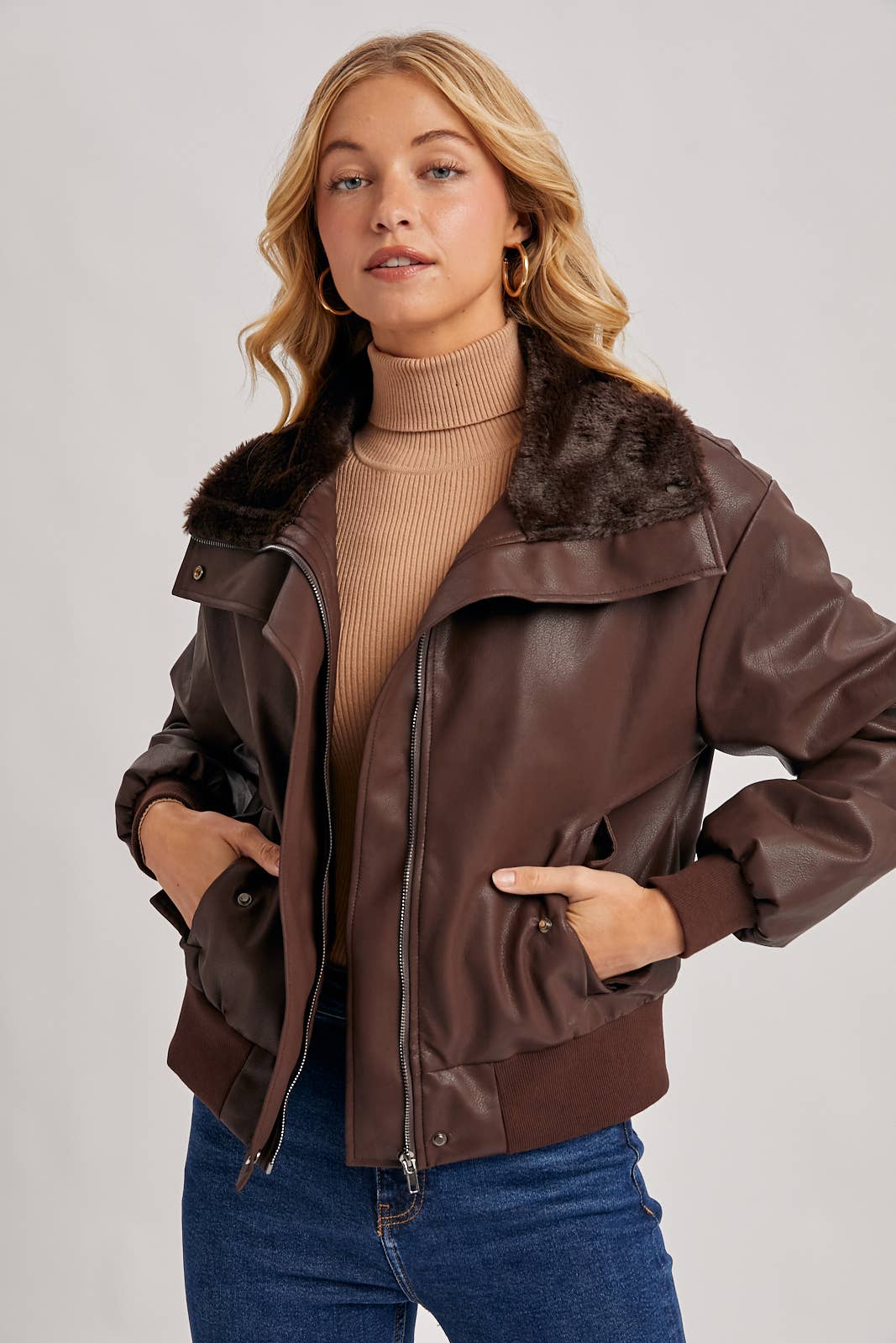 Bluivy - Wholesale Bomber Jacket - Women's - AVIATOR FAUX LEATHER AND FUR TRIMMED BOMBER JACKET18