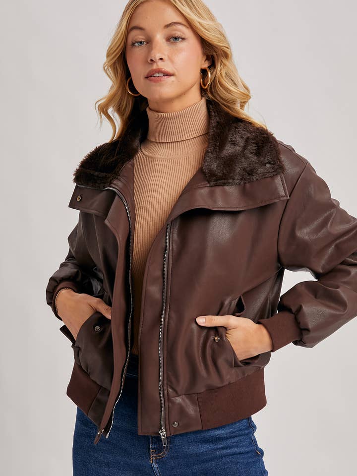 Bluivy - Wholesale Bomber Jacket - Women's - AVIATOR FAUX LEATHER AND FUR TRIMMED BOMBER JACKET18