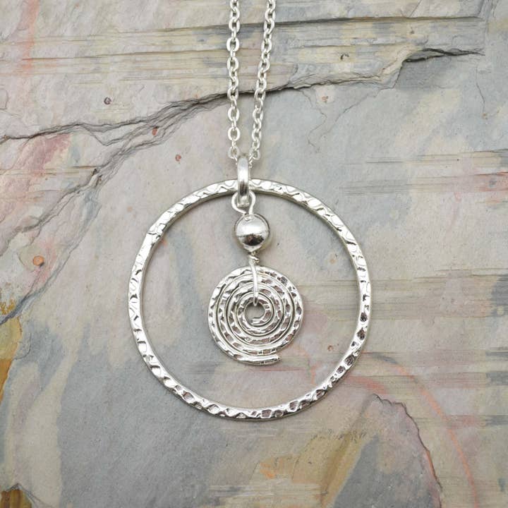 Silver Plated Pendant Necklace - Circle and Spiral for wholesale by Anju Jewelry