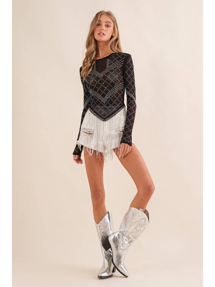 BLACK 32974T - Stretch Mesh Studded Rhinestone Fringe Long SLV Top for wholesale on Faire