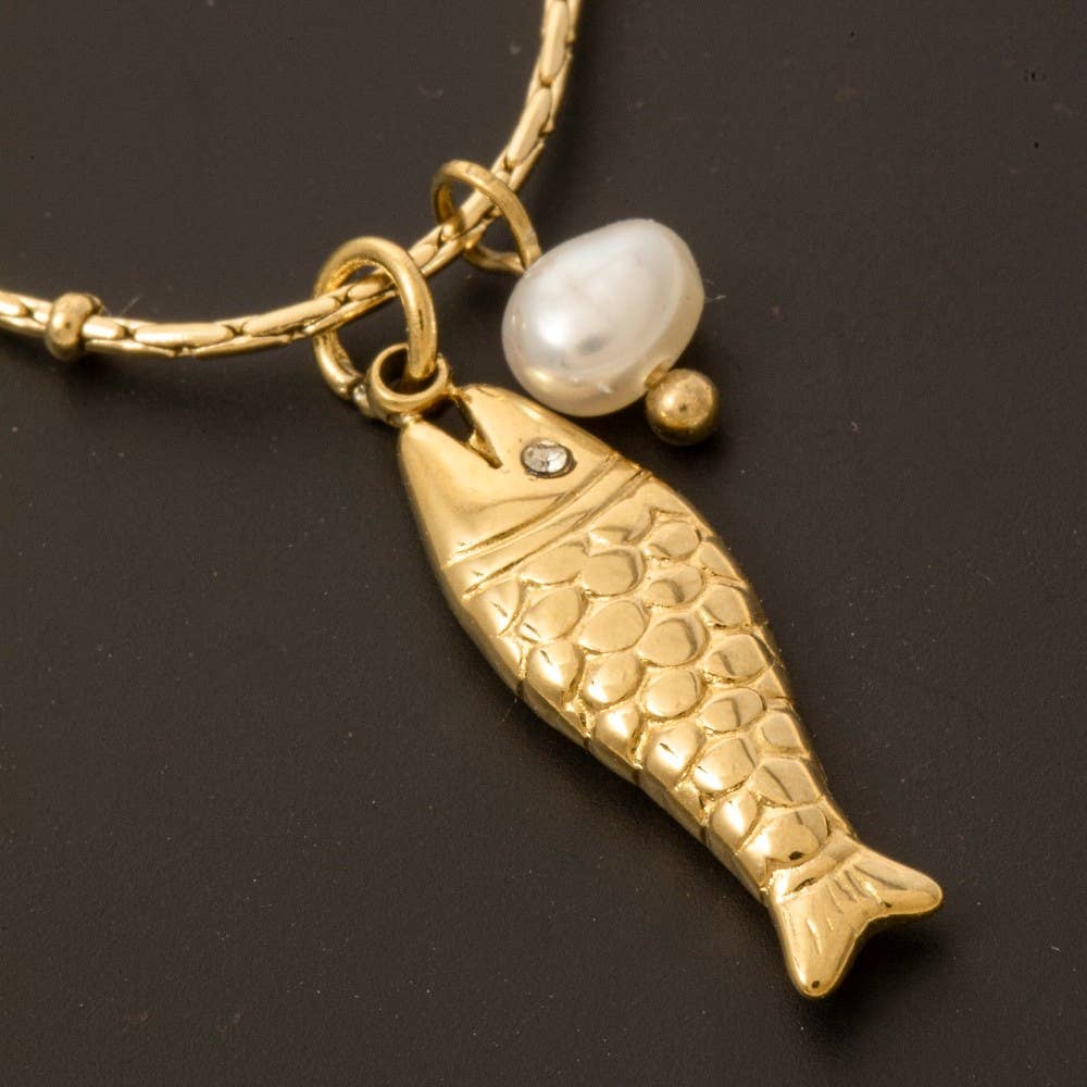 G Stainless Steel Fish And Pearl Pendant Necklace for wholesale on Faire1