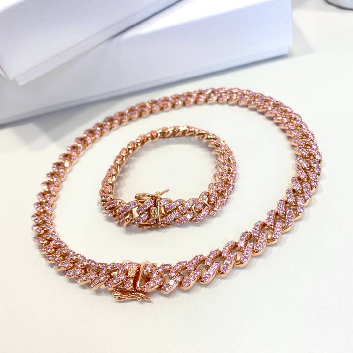 Luxus Accessories - Wholesale Jewelry Set - 14k Rose Gold Filled Cuban Link Iced Chain or Bracelet Set