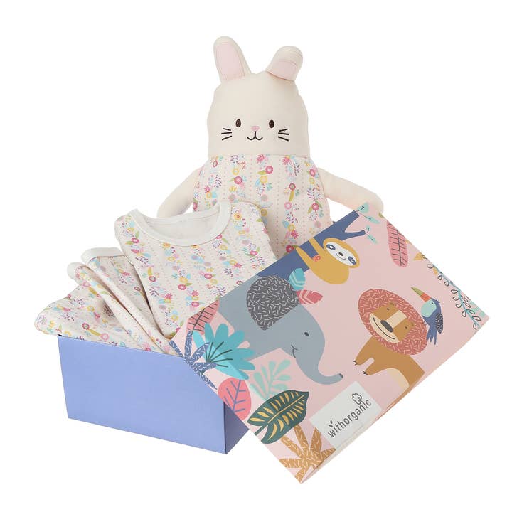 Organic Pajama Set with Matching Security Doll - Pink Flower for wholesale by WithOrganic