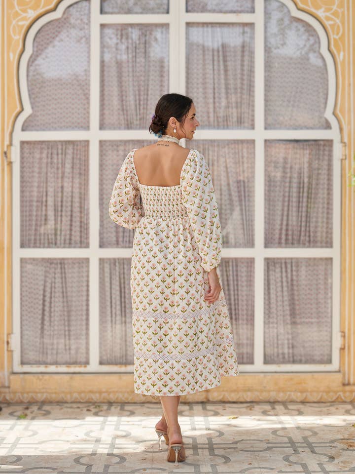 Echo of Pink – wholesale Dress – Women's – Midi Dress | Butter Yellow | Block Print Dress | Pearl Dress2