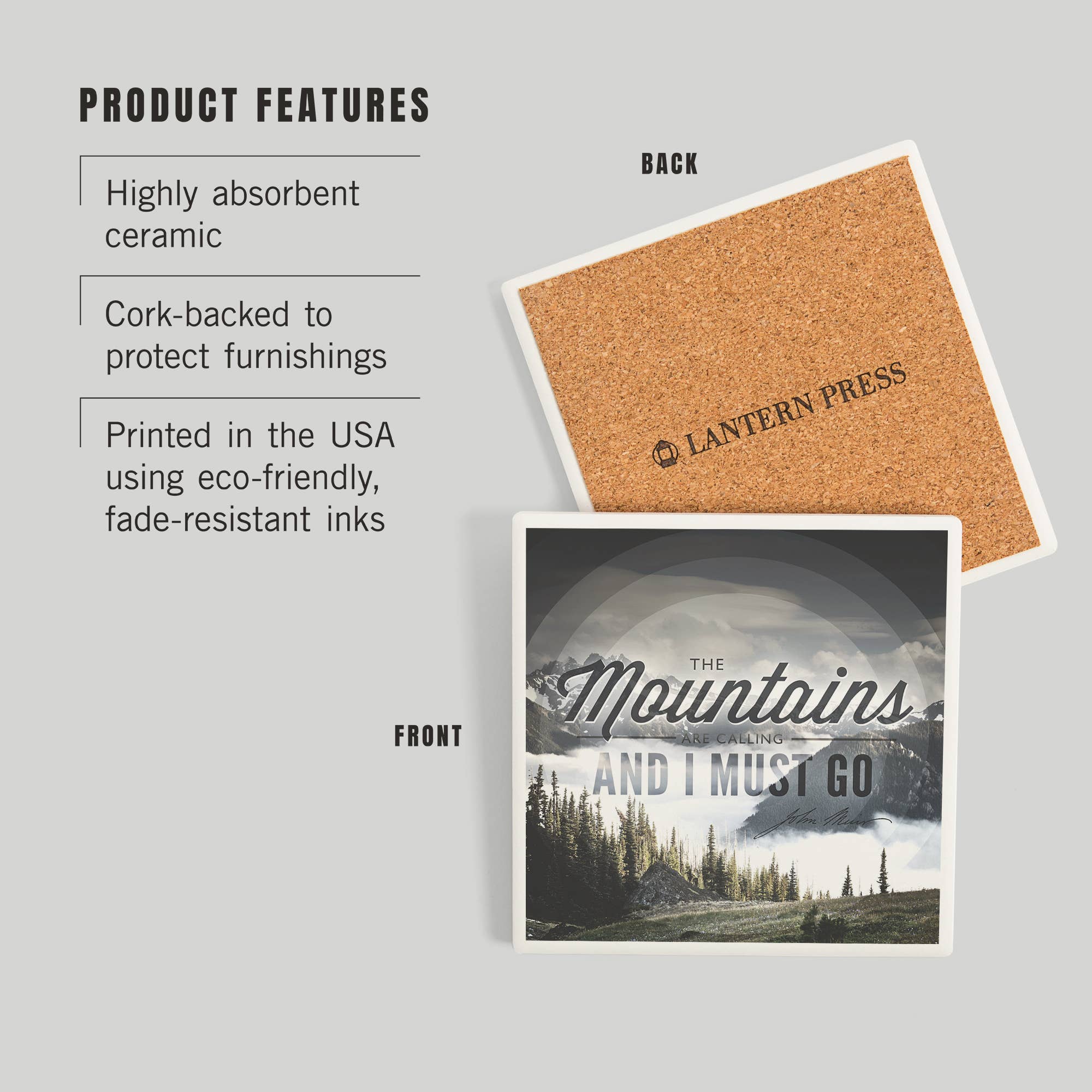 Lantern Press – wholesale Coasters – Ceramic Coaster John Muir, The Mountains are Calling, Con…2