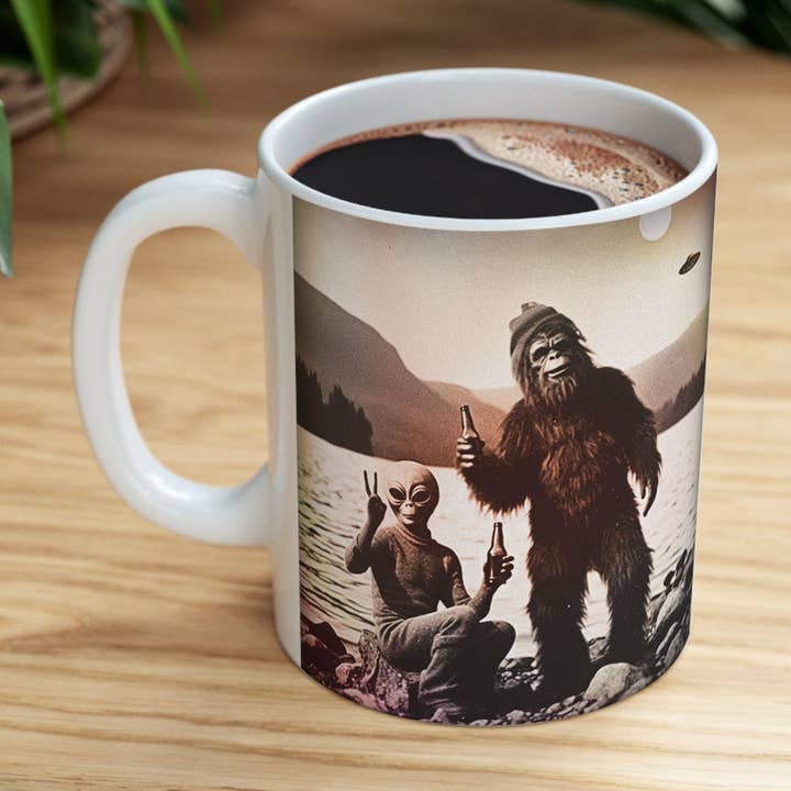 Vintage Alien UFO Bigfoot Ceramic Novelty Coffee Mug (11oz) for wholesale by Midnight Myth