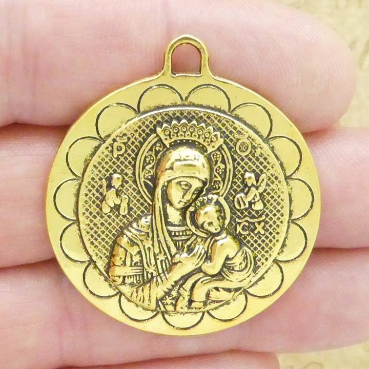 Round Gold Virgin Mary Medal Charm by TIJC for wholesale by Treasure Island