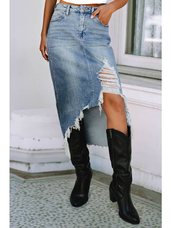 Myosotis LDC Irregular Distressed Bottom Denim Midi Skirt for wholesale on Faire