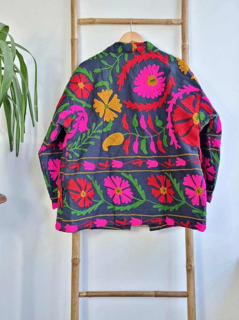 Essential Designs London – wholesale Jacket – Women's – Suzani Hand Embroidered Short Jacket | Autumn Winter Boho Uzbek Kashmir Crewel | Luxe Special Gift | Classic Elegant Black Pink Red Green |1
