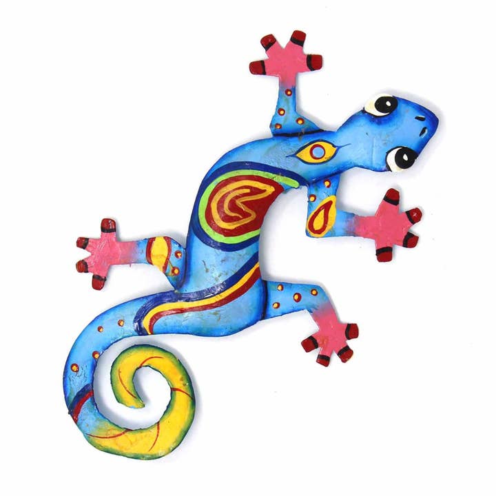 Global Crafts - Wholesale Wall Accent - 8" Painted Metal Drum Art Gecko Wall Hanging, Singe Gecko7