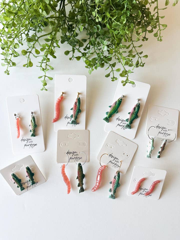 Rainbow Trout and Worm Clay Statement Earrings for wholesale by Design With Purpose