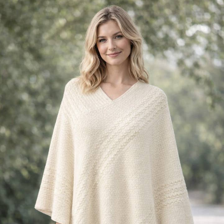 White Knit Striped V-Neck Fringe Poncho Pullover Sweater for wholesale by Fennco Styles